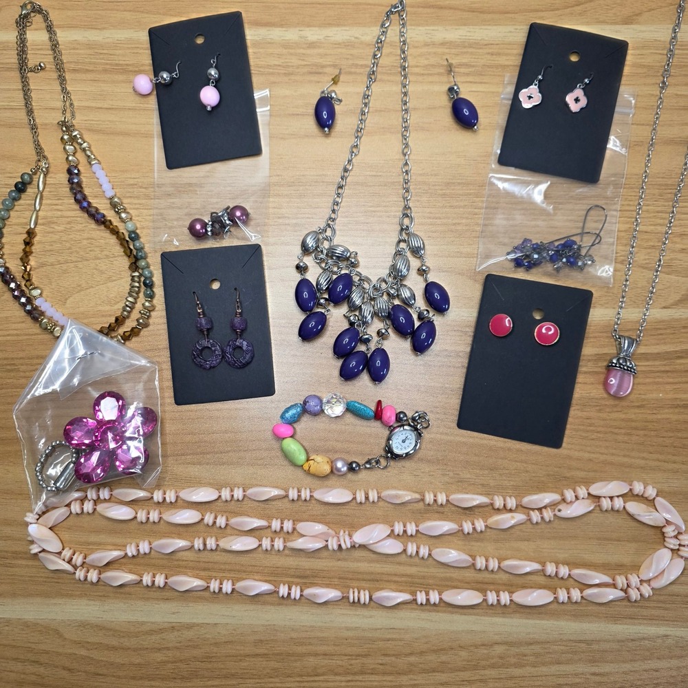 13 Piece Womens‎ Fashion Jewelry Lot Pink Purple Necklaces Earrings Watch Ring